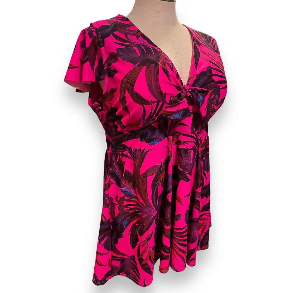 Torrid 4 (4X 26) Hot Pink Wireless Flutter Sleeve Skater Swim Dress w/Briefs - Picture 2 of 6